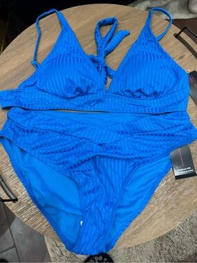 XL/XXL High Waisted No Boundaries Bright Blue Ribbed Triangle Bikini Set